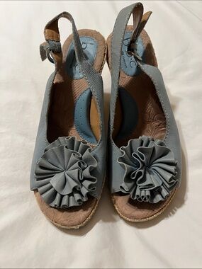 Born Concept Slingback Peep-Toe Wedge Sandals with Ruffle Accent - Light Blue